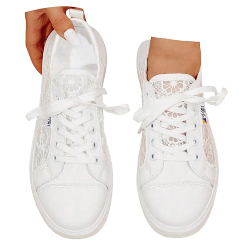 Xbemkste Sneaker Damen Halbschuhe Schnürer Freizeitschuhe Leichte Atmungsaktive Flache Schuhe Lässige Sommerschuhe Bequeme Weiche Sohle Walkingschuhe Damenschuhe (White, 38.5) von Xbemkste