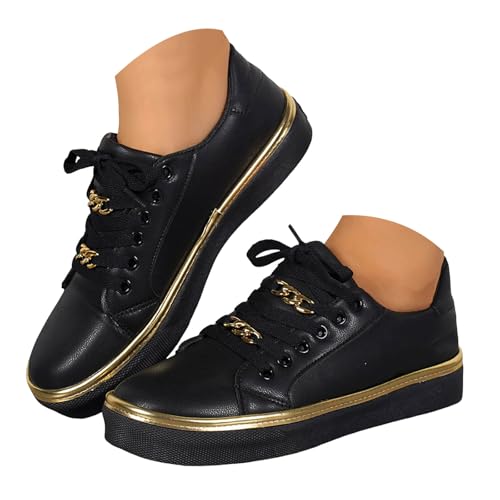 Xbemkste Sneaker Damen Halbschuhe mit Kette Bequeme Flache Schuhe Freizeitschuhe Damen Turnschuhe Low-Top Sommerschuhe Leichte Walkingschuhe Schnürer Sportschuhe (40) von Xbemkste
