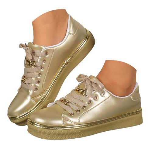 Xbemkste Sneaker Damen Halbschuhe mit Kette Bequeme Flache Schuhe Freizeitschuhe Damen Turnschuhe Low-Top Sommerschuhe Leichte Walkingschuhe Schnürer Sportschuhe (Gold, 40.5) von Xbemkste