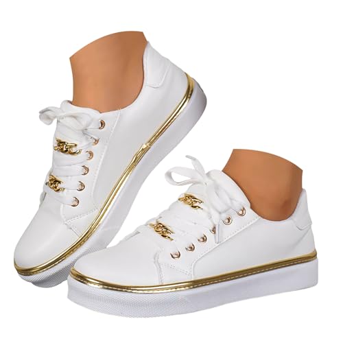 Xbemkste Sneaker Damen Halbschuhe mit Kette Bequeme Flache Schuhe Freizeitschuhe Damen Turnschuhe Low-Top Sommerschuhe Leichte Walkingschuhe Schnürer Sportschuhe (White, 39) von Xbemkste