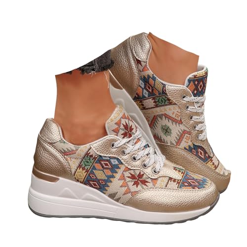 Xbemkste Sneaker Damen Keilabsatz Plateau Freizeitschuhe Atmungsaktive Schnürer Sportschuhe Turnschuhe Damen Halbschuhe Bequeme Laufschuhe Walkingschuhe (Gold, 38.5) von Xbemkste