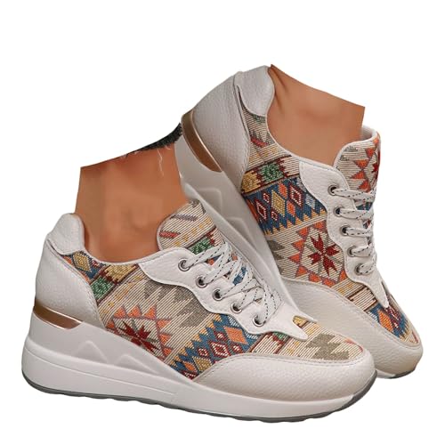 Xbemkste Sneaker Damen Keilabsatz Plateau Freizeitschuhe Atmungsaktive Schnürer Sportschuhe Turnschuhe Damen Halbschuhe Bequeme Laufschuhe Walkingschuhe (White, 40) von Xbemkste