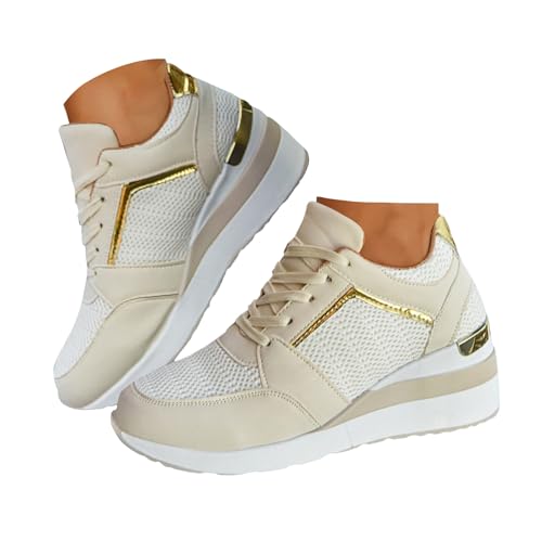 Xbemkste Sneaker Damen Keilabsatz Plateau Freizeitschuhe Atmungsaktive Schnürer Sportschuhe Turnschuhe Damen Plateauschuhe Bequeme Laufschuhe Walkingschuhe (Beige, 38.5) von Xbemkste