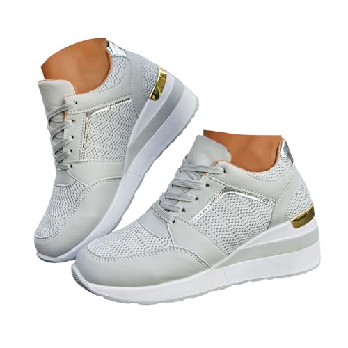 Xbemkste Sneaker Damen Keilabsatz Plateau Freizeitschuhe Atmungsaktive Schnürer Sportschuhe Turnschuhe Damen Plateauschuhe Bequeme Laufschuhe Walkingschuhe (Grey, 40) von Xbemkste
