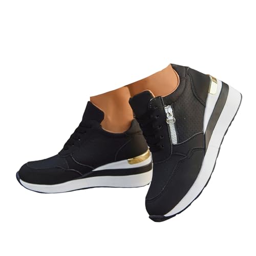 Xbemkste Sneaker Damen Keilabsatz Plateau Freizeitschuhe mit Reißverschluss Atmungsaktive Schnürer Laufschuhe Turnschuhe Damen Plateauschuhe Bequeme Sportschuhe (41) von Xbemkste