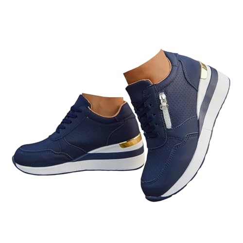 Xbemkste Sneaker Damen Keilabsatz Plateau Freizeitschuhe mit Reißverschluss Atmungsaktive Schnürer Laufschuhe Turnschuhe Damen Plateauschuhe Bequeme Sportschuhe (Blue, 37) von Xbemkste