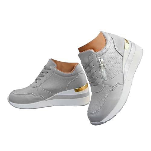 Xbemkste Sneaker Damen Keilabsatz Plateau Freizeitschuhe mit Reißverschluss Atmungsaktive Schnürer Laufschuhe Turnschuhe Damen Plateauschuhe Bequeme Sportschuhe (Grey, 40) von Xbemkste