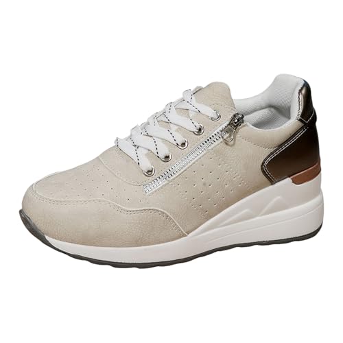 Xbemkste Sneaker Damen Laufschuhe Freizeitschuhe mit Schnürung Keilabsatz, Dicker Sohle, modische Schnürschuhe weicher geschlossene Zehenpartie, atmungsaktive Sportschuhe (White, 40.5) von Xbemkste