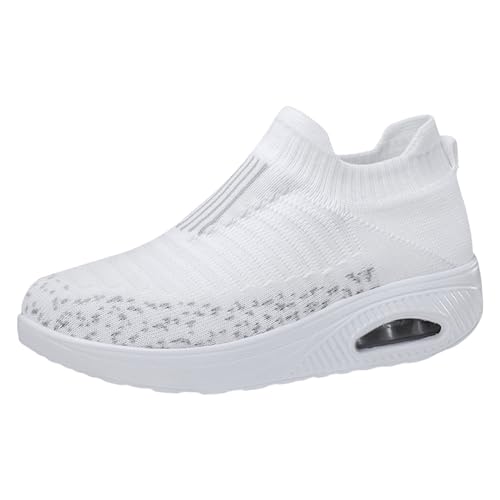Xbemkste Sneaker Damen Slip On Turnschuhe Bequeme Weiche Fliegen Weben Walkingschuhe mit Luftpolster Mesh Atmungsaktive Sportlich Freizeitschuhe Damen Laufschuhe (White, 40) von Xbemkste