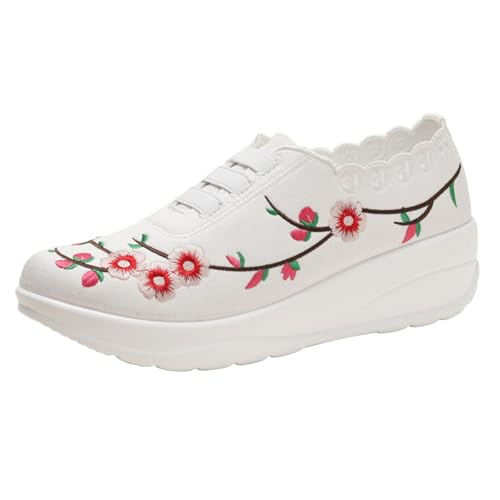 Xbemkste Sneaker Damen Weave Weiche Sohle Stickerei Einzelne Schuhe Leichte EIN Fuß Steigbügel Low Top Dicke Sneakers Damen Fitnessschuhe (White, 37) von Xbemkste