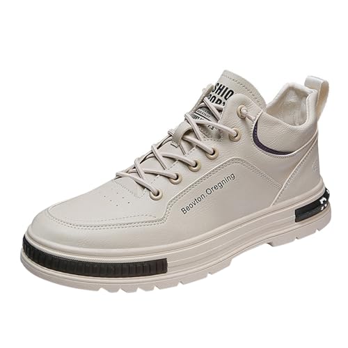 Xbemkste Sneaker Herren Flache Lederschuhe für Herren, modische Schnürhalbschuhe Herren Trekkingschuhe (Beige, 40.5) von Xbemkste