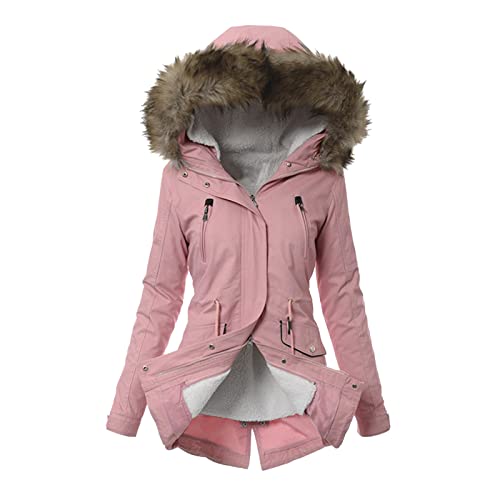 Xbemkste Softshellmantel Damen Damen Täglich Übergröße Wintermantel Reverskragen Langarm Jacke Vintage Verdicken Mantel Jacke Warme Kapuze Dick Gepolsterte Oberbekleidung Mantel Damen (Pink, XXXXXL) von Xbemkste