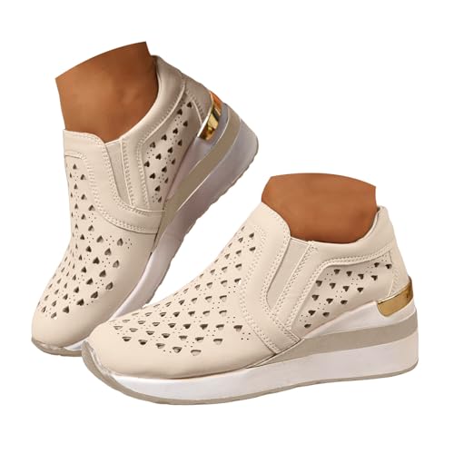 Xbemkste Sommerschuhe Damen Schuhe mit Keilabsatz Atmungsaktive Sneaker Slip On Freizeitschuhe Bequeme Walkingschuhe Schlupfschuhe Damen Plateauschuhe (Beige, 40) von Xbemkste