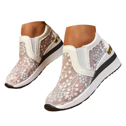 Xbemkste Sommerschuhe Damen Schuhe mit Keilabsatz Plateau Atmungsaktive Sneaker Slip On Freizeitschuhe Bequeme Walkingschuhe Schlupfschuhe Damen Slipper (White, 37.5) von Xbemkste