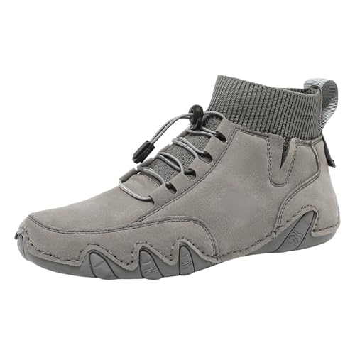 Xbemkste Sommerschuhe Herren high Sneaker barfussschuhe Leder Freizeitschuhe Bequeme Sportschuhe Schnürschuhe Flach Schuhe (Grey, 37) von Xbemkste
