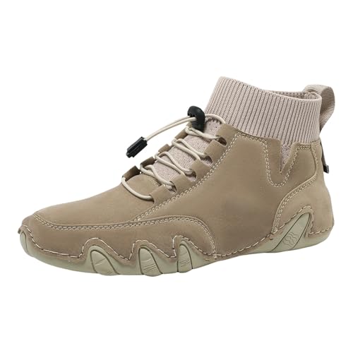 Xbemkste Sommerschuhe Herren high Sneaker barfussschuhe Leder Freizeitschuhe Bequeme Sportschuhe Schnürschuhe Flach Schuhe (Khaki, 40) von Xbemkste