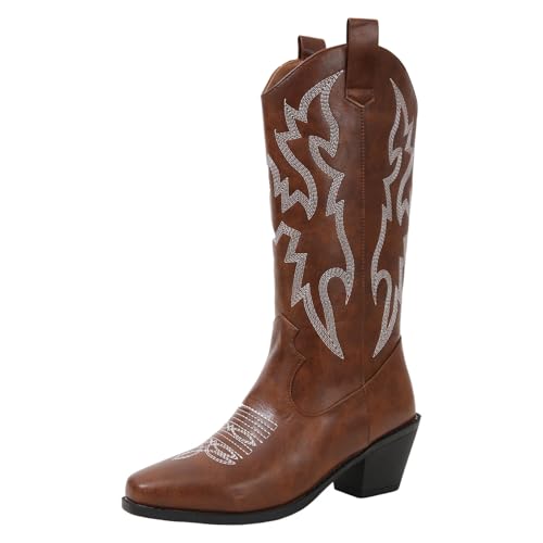 Xbemkste Stiefel Damen Blockabsatz Mittelhoch Stickereien Vintage Cowboystiefel aus Leder Westernstiefel warm Gefüttert Winterstiefel Langschaft Damenstiefel Halbstiefel (Brown, 38.5) von Xbemkste
