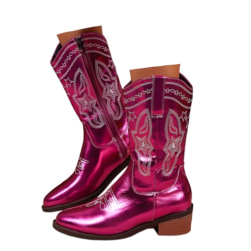 Xbemkste Stiefel Damen Blockabsatz Stickereien Lack Runde Zehe mit Reißverschluss Mittelhoch Boots Elegant Damenstiefel Kurzschaft Boots Halbschaft Stiefel Winterstiefel (Red, 43) von Xbemkste