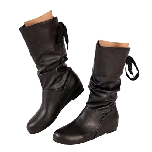 Xbemkste Stiefel Damen Flach Lederstiefel Weitschaftstiefel Elegant Mittelhoch Stiefel Slouchy Boots Wasserdticht Kurzschaft Boots Bequeme Halbstiefel Schlupfstiefel (37) von Xbemkste