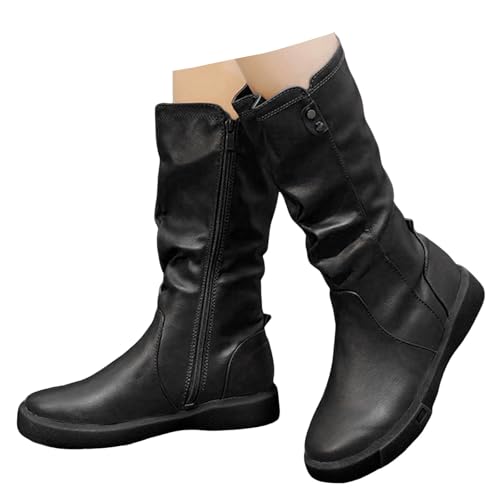 Xbemkste Stiefel Damen Halbschaft Flach mit Reißverschluss Runde Zehe Gekräuselt Westernstiefel aus Leder Mittelhoch Boots Thermo Gefüttert Winterstiefel Bequeme Damenstiefel (39) von Xbemkste
