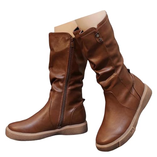 Xbemkste Stiefel Damen Halbschaft Flach mit Reißverschluss Runde Zehe Gekräuselt Westernstiefel aus Leder Mittelhoch Boots Thermo Gefüttert Winterstiefel Bequeme Damenstiefel (Brown, 39) von Xbemkste
