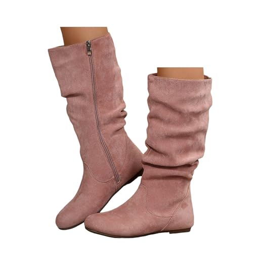 Xbemkste Stiefel Damen Halbschaft Flach mit Reißverschluss Runde Zehe Westernstiefel Wildleder Mittelhoch Boots Elegant Langschaftstiefel Hohe Damenstiefel Winterstiefel (37.5) von Xbemkste