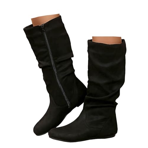 Xbemkste Stiefel Damen Halbschaft Flach mit Reißverschluss Runde Zehe Westernstiefel Wildleder Mittelhoch Boots Elegant Langschaftstiefel Hohe Damenstiefel Winterstiefel (37.5) von Xbemkste