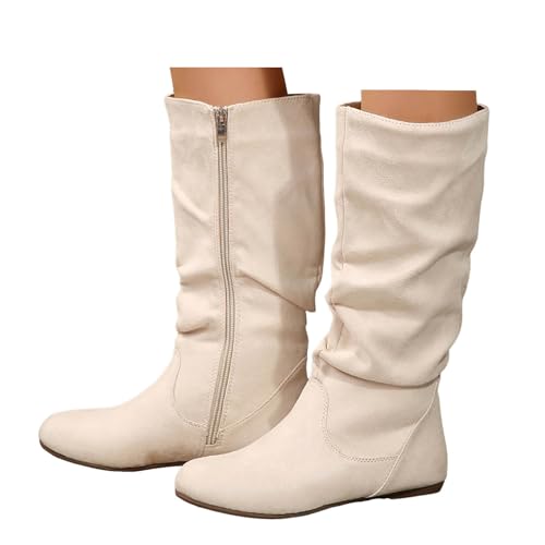 Xbemkste Stiefel Damen Halbschaft Flach mit Reißverschluss Runde Zehe Westernstiefel Wildleder Mittelhoch Boots Elegant Langschaftstiefel Hohe Damenstiefel Winterstiefel (Beige, 37.5) von Xbemkste