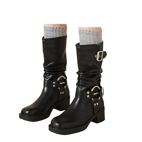 Xbemkste Stiefel Damen Halbschaft mit Absatz aus Leder Wasserdicht Boots Western Cowboystiefel Schlupfen Halbstiefel Elegant Langschaftstiefel Hohe Damenstiefel Winterstiefel (37.5) von Xbemkste