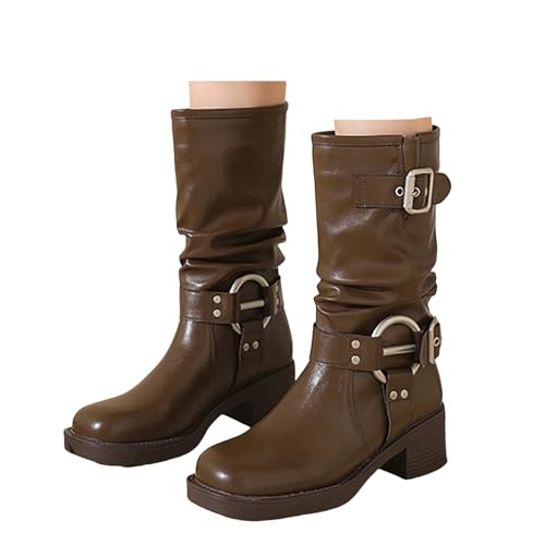 Xbemkste Stiefel Damen Halbschaft mit Absatz aus Leder Wasserdicht Boots Western Cowboystiefel Schlupfen Halbstiefel Elegant Langschaftstiefel Hohe Damenstiefel Winterstiefel (Brown, 36) von Xbemkste