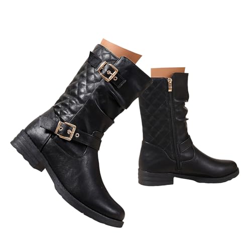Xbemkste Stiefel Damen Halbschaft mit Schnalle Gekräuselt Halbstiefel Elegant Kurzschaft Boots Runde Zehe Mittelhoch Stiefel Damenstiefel Herbst Winter Schuhe (37.5) von Xbemkste
