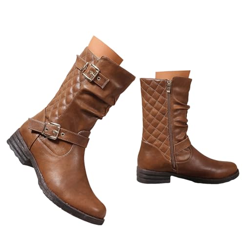 Xbemkste Stiefel Damen Halbschaft mit Schnalle Gekräuselt Halbstiefel Elegant Kurzschaft Boots Runde Zehe Mittelhoch Stiefel Damenstiefel Herbst Winter Schuhe (Brown, 39) von Xbemkste
