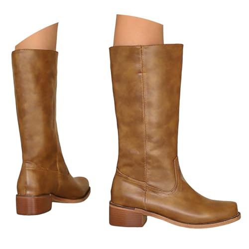 Xbemkste Stiefel Damen Langschaft mit Absatz Wasserdicht Stiefel Elegant Schlupfstiefel Halbhohe Bequemer Westernstiefel Kniehohe Boots Thermo Gefüttert Winterstiefel (Brown, 38.5) von Xbemkste