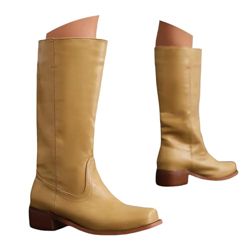Xbemkste Stiefel Damen Langschaft mit Absatz Wasserdicht Stiefel Elegant Schlupfstiefel Halbhohe Bequemer Westernstiefel Kniehohe Boots Thermo Gefüttert Winterstiefel (Yellow, 37.5) von Xbemkste
