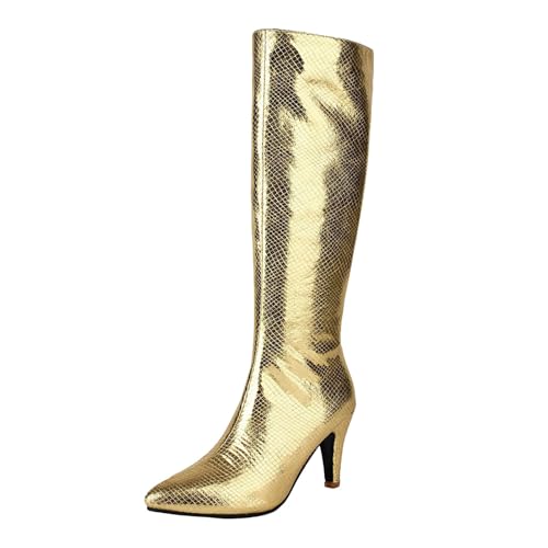 Xbemkste Stiefel Damen Langschaftstiefel Spitze Zehe High Heels Hohe Lederstiefel Glitzer Kniehohe Boots Elegant Damenstiefel Winterstiefel Schmalschaft Stiefel (Gold, 43) von Xbemkste