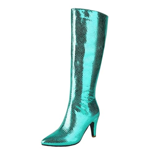 Xbemkste Stiefel Damen Langschaftstiefel Spitze Zehe High Heels Hohe Lederstiefel Glitzer Kniehohe Boots Elegant Damenstiefel Winterstiefel Schmalschaft Stiefel (Green, 36) von Xbemkste