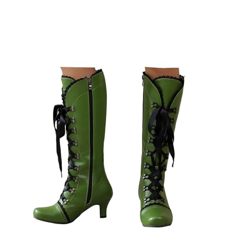 Xbemkste Stiefel Damen Mit Absatz Gothic Schuhe Biker Boots Vintage Schnürstiefel Mittelschaftstiefel mit Reißverschluss Lederstiefel Mittelalterliche Stiefel Winterschuhe (Green, 37.5) von Xbemkste