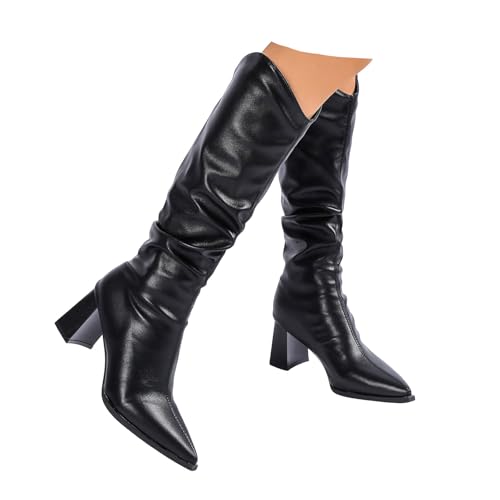 Xbemkste Stiefel Damen Mittelhoch Spitze Zehe Blockabsatz Cowboy Stiefel gekräuselt aus Leder Westernstiefel Elegant Langschaftstiefel Hohe Schlupfstiefel Winterstiefel (40) von Xbemkste