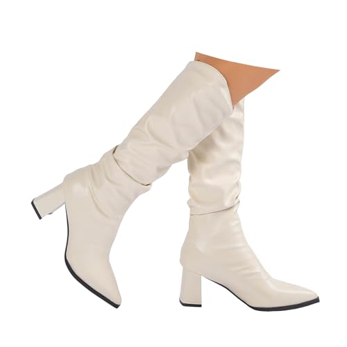 Xbemkste Stiefel Damen Mittelhoch Spitze Zehe Blockabsatz Cowboy Stiefel gekräuselt aus Leder Westernstiefel Elegant Langschaftstiefel Hohe Schlupfstiefel Winterstiefel (White, 38.5) von Xbemkste