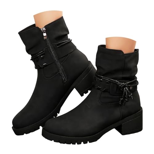 Xbemkste Stiefel Damen Slouch Boots mit Blockabsatz Gürtelschnalle Winterstiefel Schicke Stiefeletten Damen Ankle Boots Kurzschaft Boots Elegant Mittelschaftstiefel (40.5) von Xbemkste
