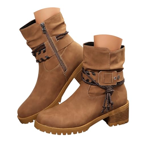 Xbemkste Stiefel Damen Slouch Boots mit Blockabsatz Gürtelschnalle Winterstiefel Schicke Stiefeletten Damen Ankle Boots Kurzschaft Boots Elegant Mittelschaftstiefel (Brown, 40.5) von Xbemkste