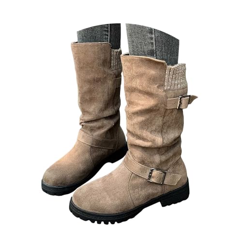 Xbemkste Stiefel Damen Wildleder Halbstiefel mit Schnalle Elegant Schlupfschuhe mit rutschfest Sohle Kurzstiefel Winterstiefel Bequemer Absatz Halbhohe Damenstiefel (Brown, 40) von Xbemkste