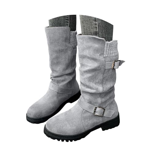 Xbemkste Stiefel Damen Wildleder Halbstiefel mit Schnalle Elegant Schlupfschuhe mit rutschfest Sohle Kurzstiefel Winterstiefel Bequemer Absatz Halbhohe Damenstiefel (Grey, 37) von Xbemkste