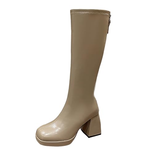 Xbemkste Stiefel Damen mit Absatz Lederstiefel Kniehohe Boots mit Reißverschluss Langschaftstiefel Winterstiefel Elegant Hohe Damenstiefel Wasserdticht High Heels Stiefel (Khaki, 37.5) von Xbemkste