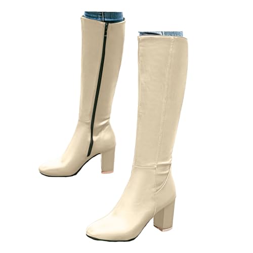 Xbemkste Stiefel Damen mit Absatz Lederstiefel Kniehohe Boots mit Reißverschluss Warm Gefüttert Winterstiefel Hohe Damenstiefel High Heels Stiefel Langschaftstiefel (Beige, 37) von Xbemkste