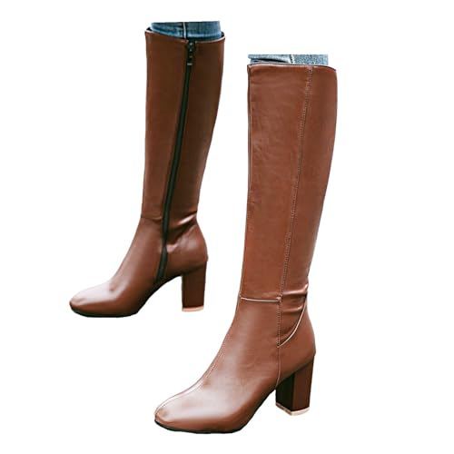 Xbemkste Stiefel Damen mit Absatz Lederstiefel Kniehohe Boots mit Reißverschluss Warm Gefüttert Winterstiefel Hohe Damenstiefel High Heels Stiefel Langschaftstiefel (Brown, 36) von Xbemkste