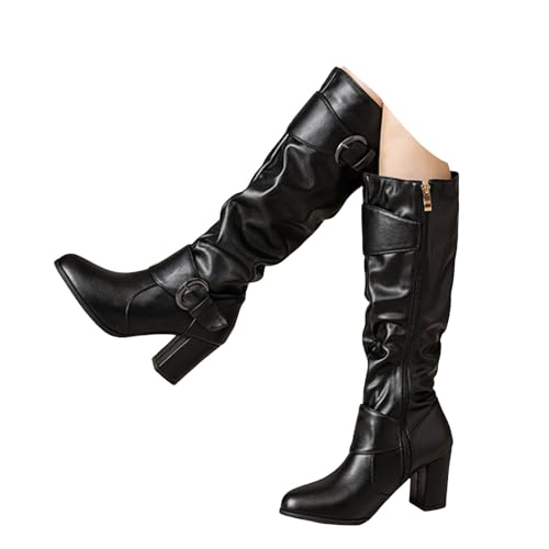 Xbemkste Stiefel Damen mit Blockabsatz Lederstiefel Slouchy Boots Gürtelschnalle Seitlicher Reißverschluss Gekräuselt Hohe Stiefel Elegant Langschaftstiefel Kniehohe Boots (36) von Xbemkste