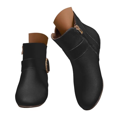 Xbemkste Stiefeletten Damen Ankle Boots Bequeme Weiche Sohle Lederstiefel mit Reißverschluss Gürtelschnalle Kurzschaft Boots Elegant Knöchelstiefel Lässige Styleboots (40.5) von Xbemkste