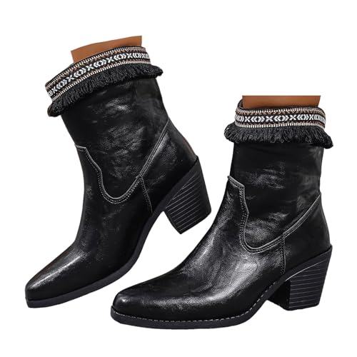 Xbemkste Stiefeletten Damen Blockabsatz Spitze Zehe aus Leder Kurzschaft Boots Wasserdicht Stiefel Elegant Halbstiefel Vintage Winterstiefel Kurz Damenstiefel (41) von Xbemkste