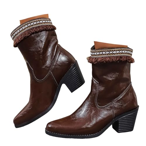 Xbemkste Stiefeletten Damen Blockabsatz Spitze Zehe aus Leder Kurzschaft Boots Wasserdicht Stiefel Elegant Halbstiefel Vintage Winterstiefel Kurz Damenstiefel (Brown, 40.5) von Xbemkste